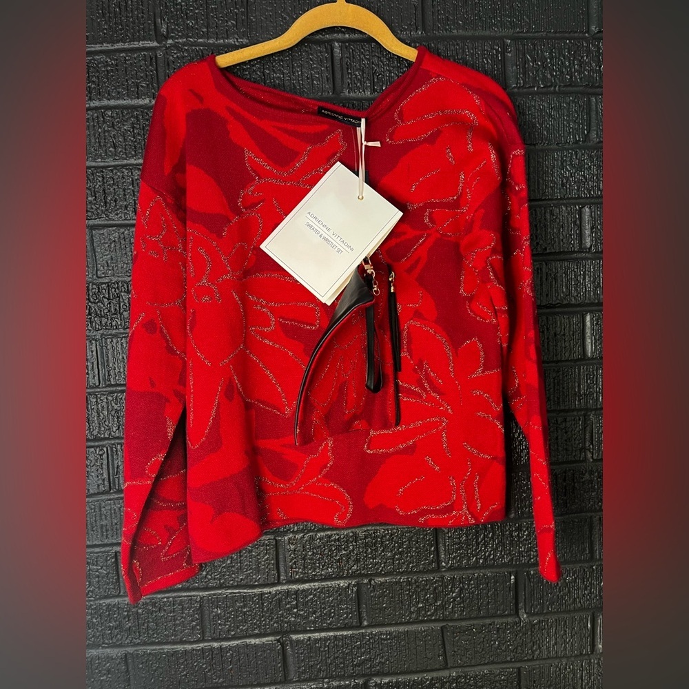 Adrienne Vittadini Red Floral Sweater and Wristlet